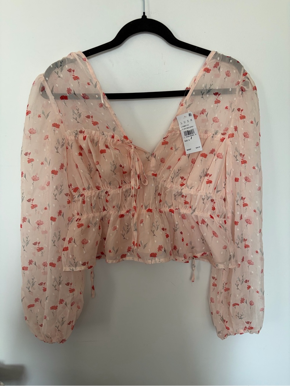 Lush Blush Red Ditsy Pink Floral V-Neck Peasant Blouse - Small